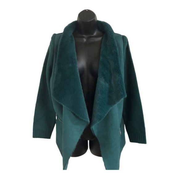 Green faux fur shawl collar textured knit cardigan jacket shacket size Medium - Picture 3 of 13
